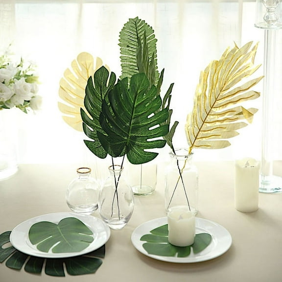 BalsaCircle 28 Green Gold Assorted Silk Leaves Artificial Palm Tropical Monstera Stems Party Events Decorations