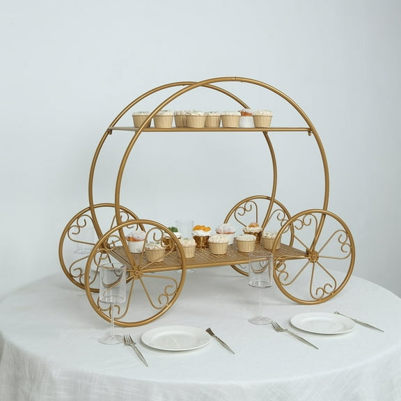 BalsaCircle 28 in Gold 2-Tier Cinderella Carriage Metal Cake Stand Party Wedding Decorations