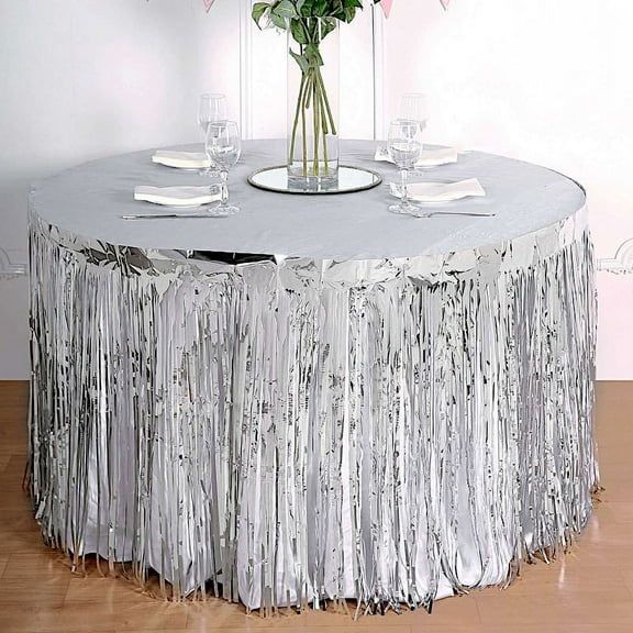 BalsaCircle 29" x 9 feet Silver Metallic Foil Fringe Table Skirt Wedding Events Catering