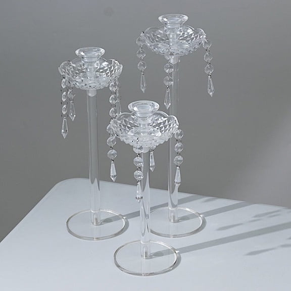 BalsaCircle 3 Clear Acrylic Taper Candle Holders with Hanging Beads and Prisms Party Wedding Reception Event Decoration Centerpieces