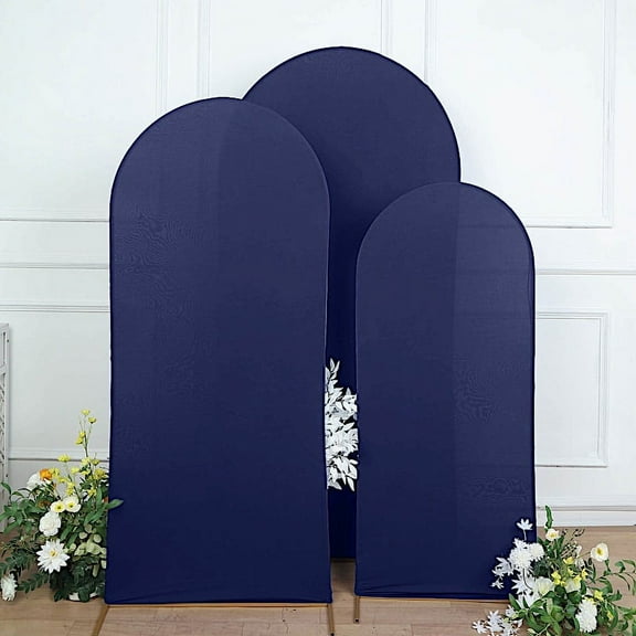 BalsaCircle 3 Fitted Navy Blue Matte Spandex Round Top Wedding Arch Backdrop Stand Covers Set Party