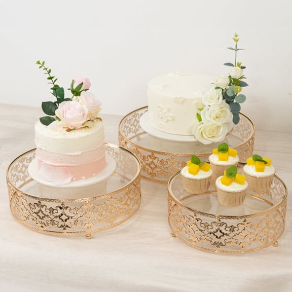 BalsaCircle 3 Gold Baroque Ornate Design Metal Cake Stands with Glass Top Wedding Events Party Decorations