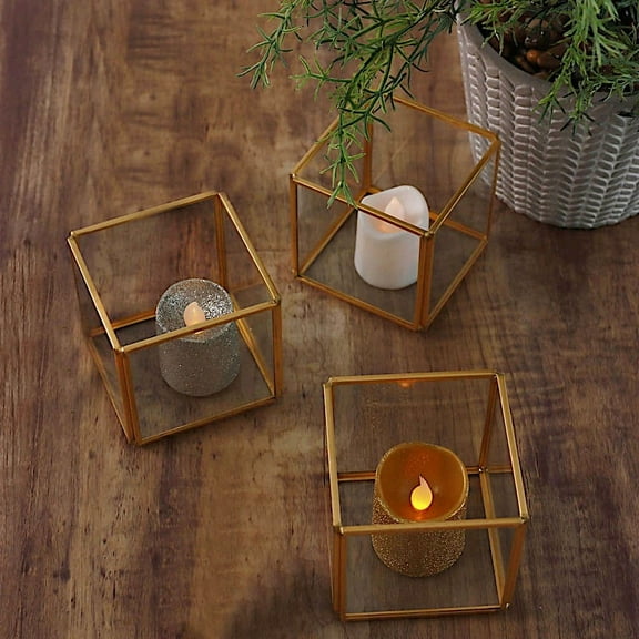 BalsaCircle 3 Gold Clear Glass Metal Frame Candle Holders Centerpieces Party Decorations