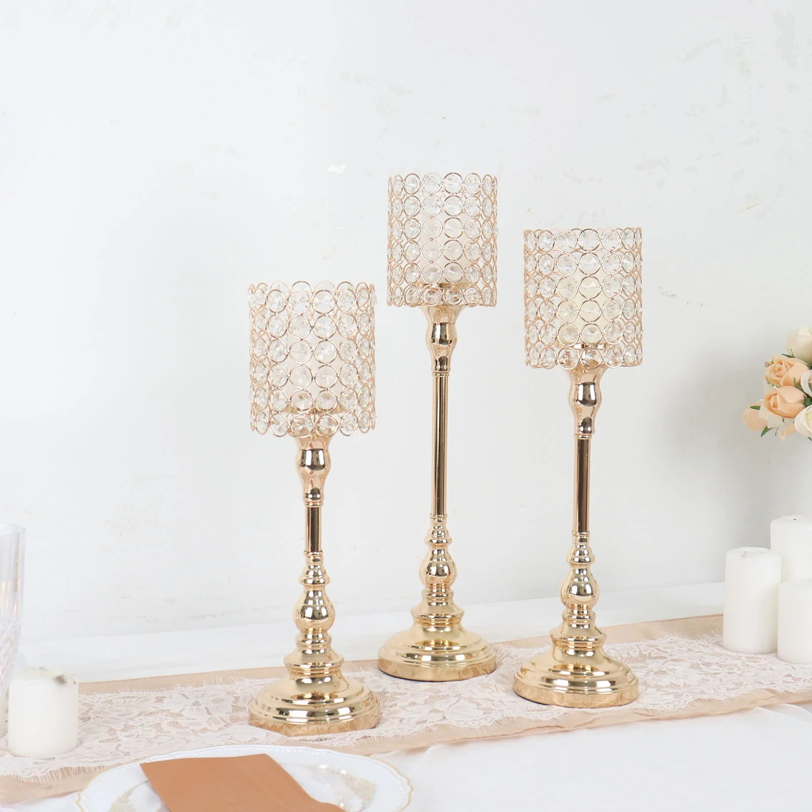 BalsaCircle 3 Gold Crystal Beaded Metal Goblet Votive Candle Holders ...