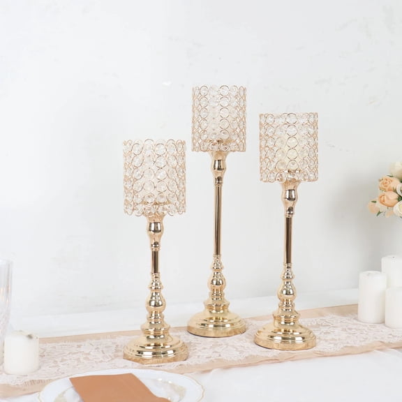 BalsaCircle 3 Gold Crystal Beaded Metal Goblet Votive Candle Holders Centerpieces Wedding Party Decorations