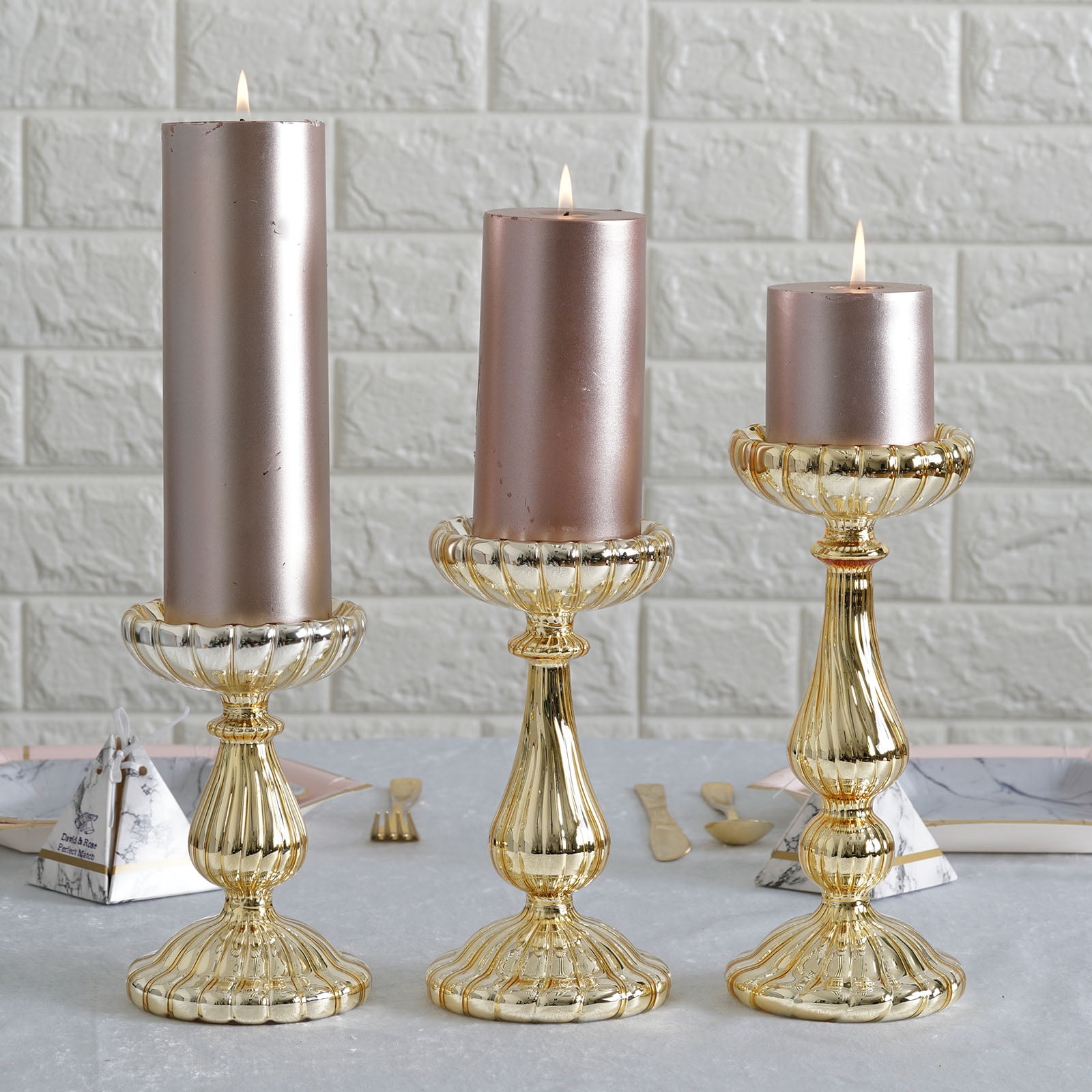 BalsaCircle 3 Gold Mercury Glass Pillar Candle Holders for Wedding ...