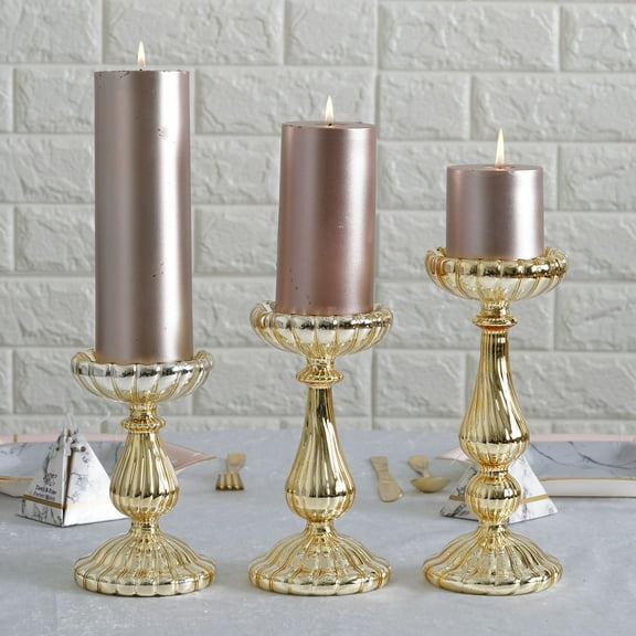BalsaCircle 3 Gold Mercury Glass Pillar Candle Holders Wedding Centerpieces Gifts Decorations