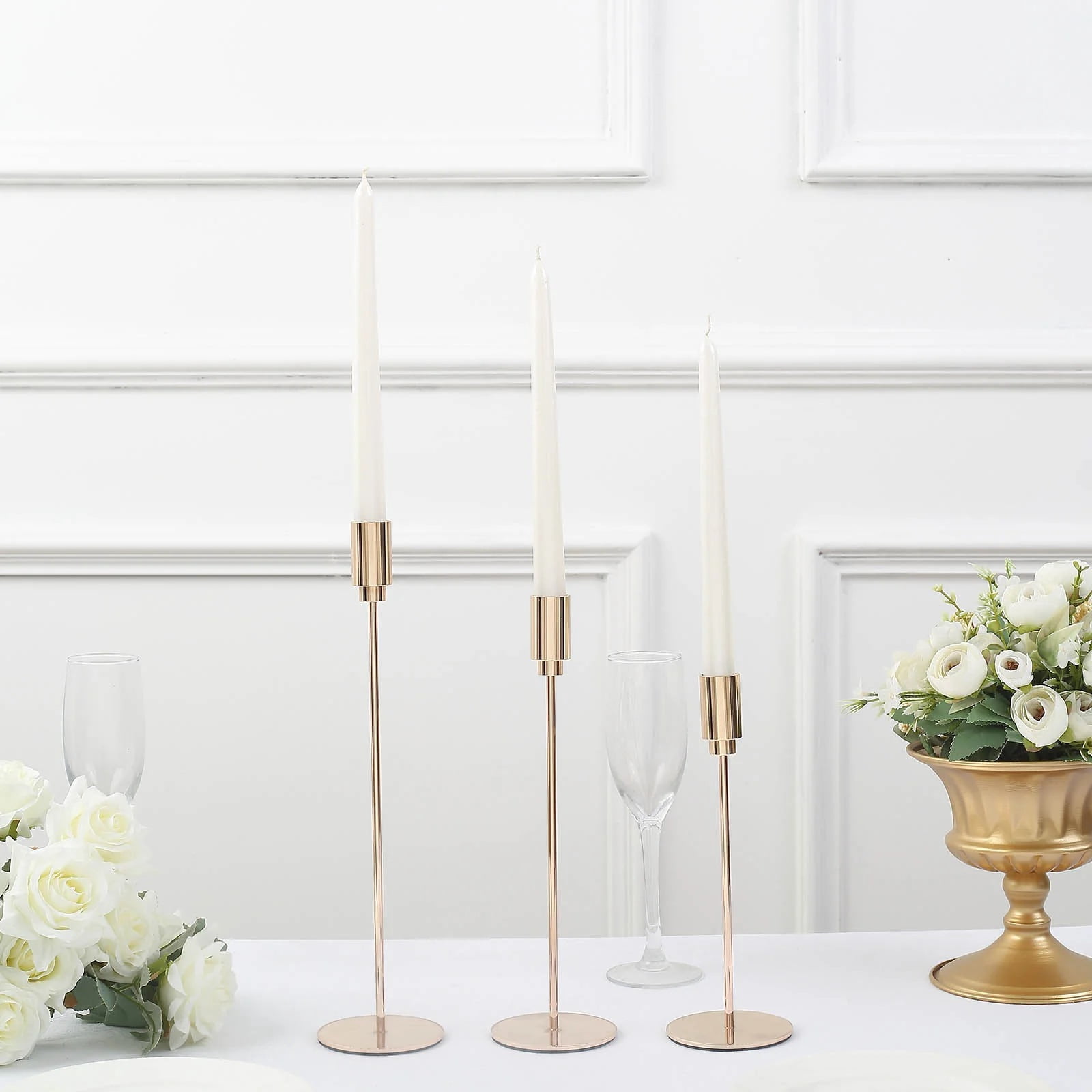 BalsaCircle 3 Gold Metal Candlesticks Stands Taper Candle Holders Round ...