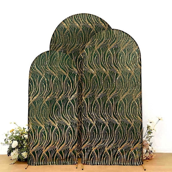 BalsaCircle 3 Hunter Green Gold Mesh Round Top Backdrop Stand Covers with Embroidered Wavy Sequins Wedding Party Events
