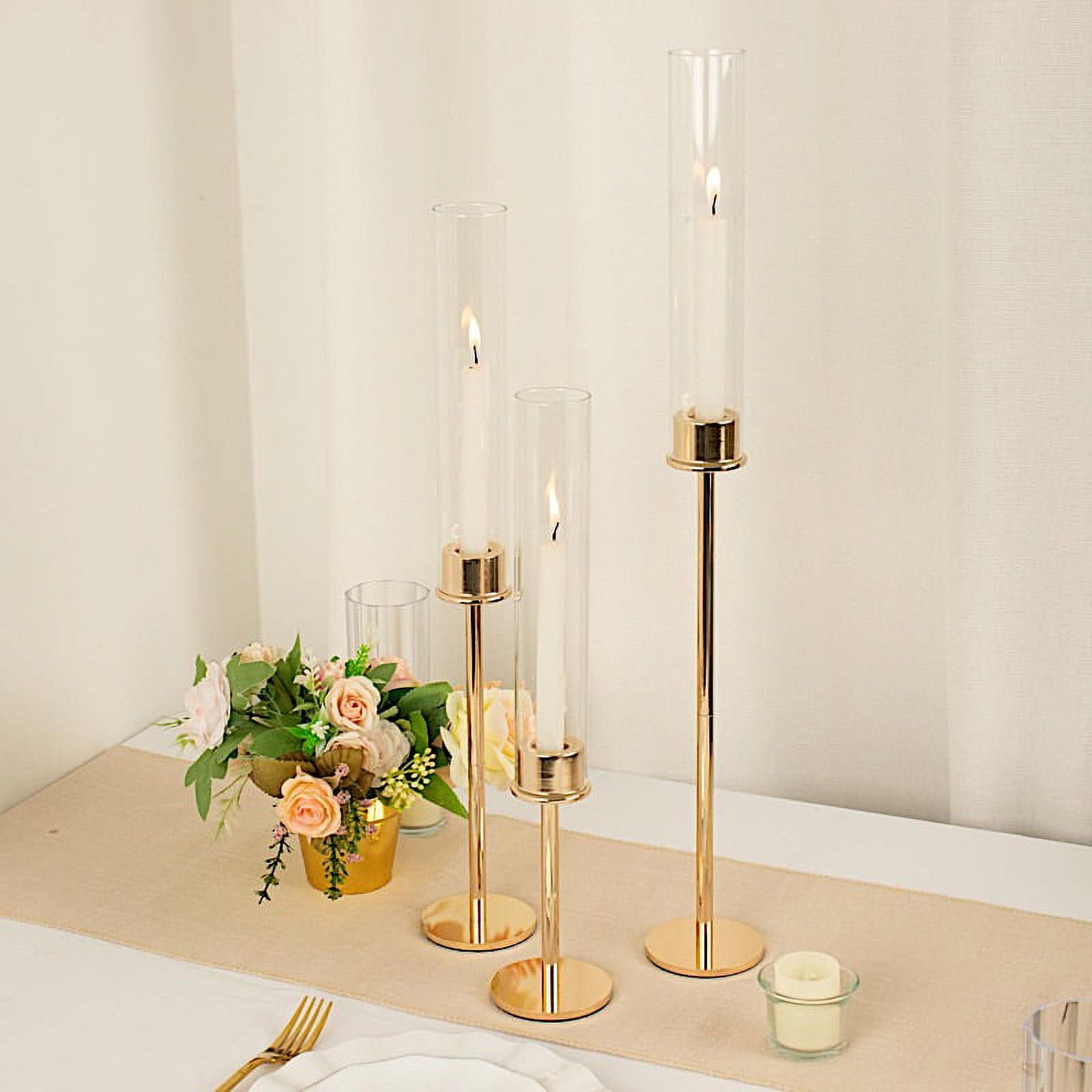 BalsaCircle 3 Metal 16" 20" 24" Clear Gold Glass Shades Hurricane Taper ...