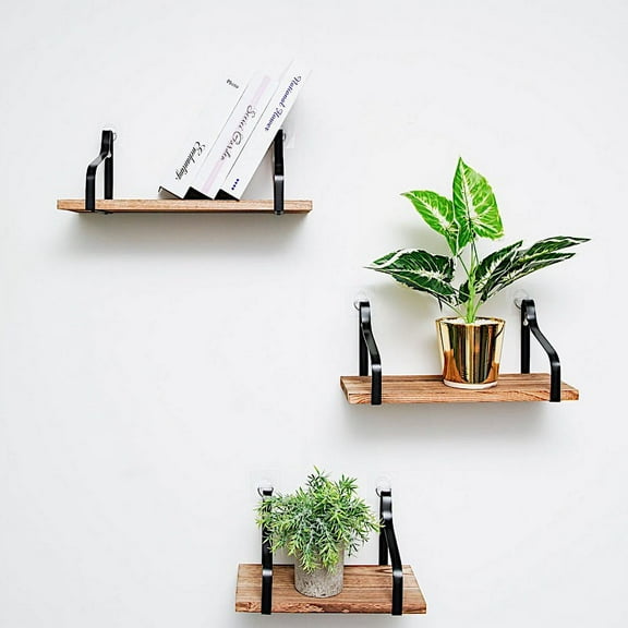 BalsaCircle 3 Natural Rectangular Wood Floating Shelves Metal Brackets Living Room Decorations