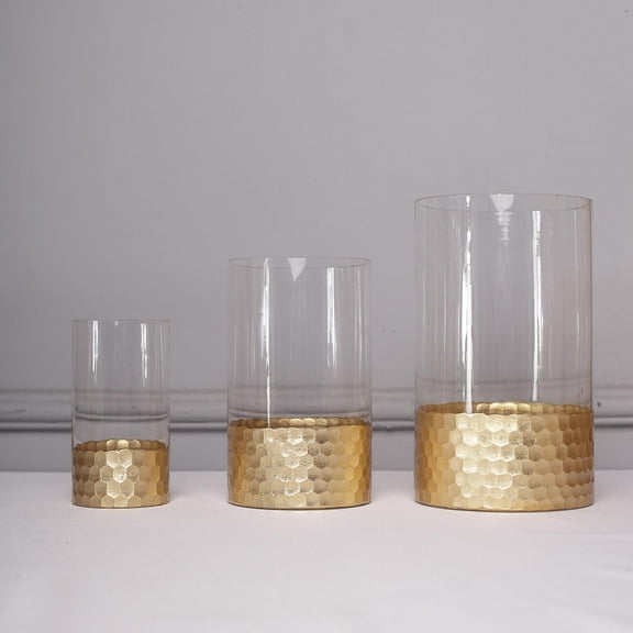BalsaCircle 3 Pieces Clear Gold Honeycomb Trim Glass Cylinder Vases Party Centerpieces