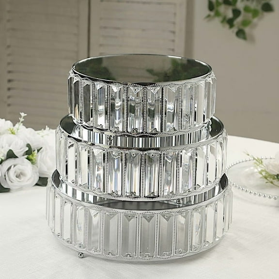 BalsaCircle 3 Silver Round Stackable Metal Cake Stands with Crystal Pendant and Mirror Top Birthday Party Wedding Reception Event Tabletop Decorations