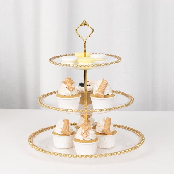 Balsa Circle 3-Tier Clear 14" Round Plastic Cupcake Tower Stand Gold Beaded Rim Party Events Decorations