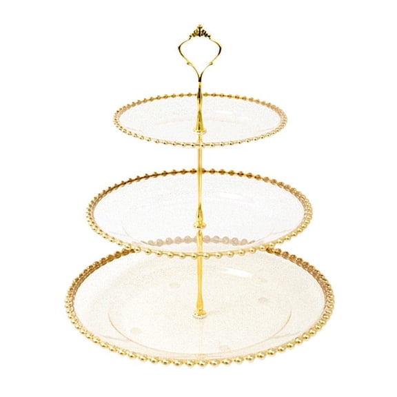 Balsa Circle 3-Tier Clear Glittered 14" Round Plastic Cupcake Tower Stand Gold Beaded Rim Party Events Decorations