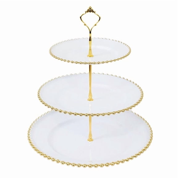 BalsaCircle 3-Tier White Glittered 14" Round Plastic Cupcake Tower Stand Gold Beaded Rim Party Events Decorations