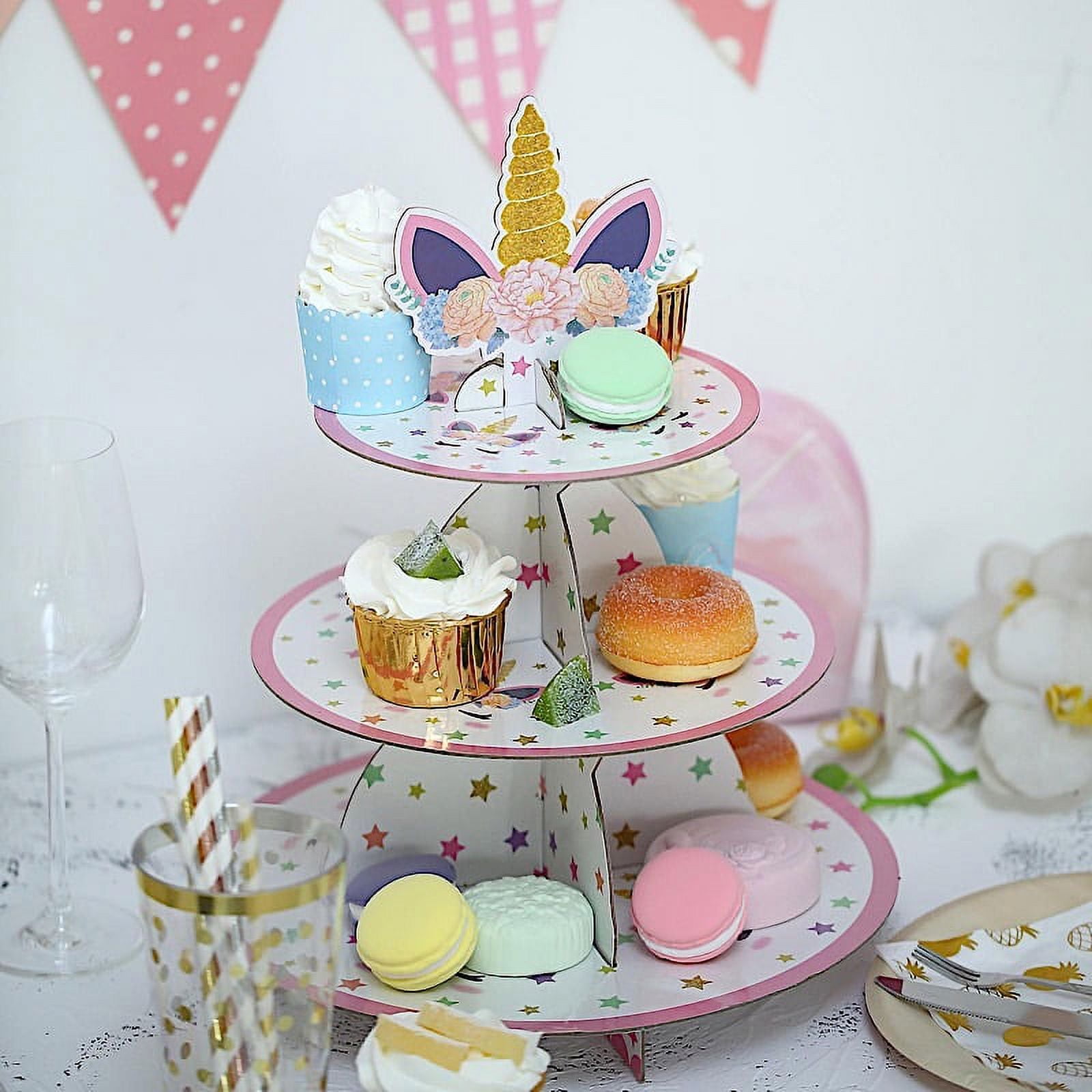 BALSA CIRCLE BalsaCircle 3 Tiers Assorted Cake 15" Cupcake Stand Set Unicorn Top Dessert Holder Wedding Party Centerpieces
