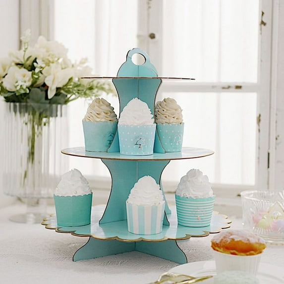 BalsaCircle 3 Tiers Blue Gold Trim 13" Cake Cupcake Stand Birthday Party Wedding Centerpieces Decorations