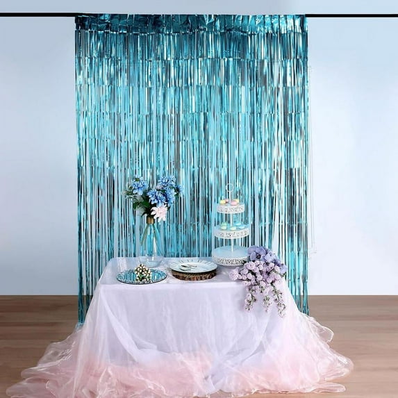 BalsaCircle 3 feet x 8 feet Metallic Foil Fringe Shiny Curtain Blue