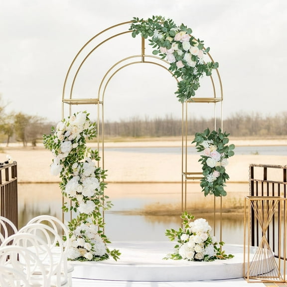 Balsa Circle 3D Gold Metal 7.5 feet Wedding Arch Backdrop Stand with Round Top Wedding Birthday Events Reception Catering Party Home Decorations Supplies