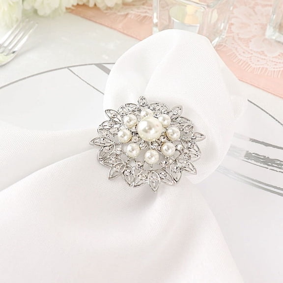 BalsaCircle 4 Flower Silver Metal Dinner Napkin Rings Faux Pearls Rhinestones Wedding Party Events Decorations