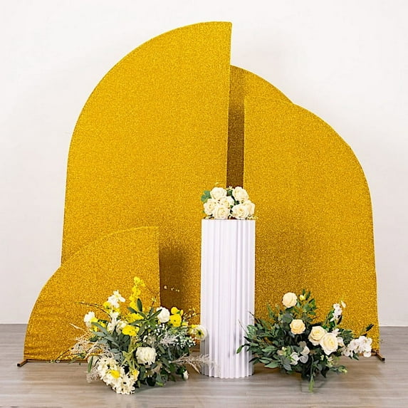 BalsaCircle 4 Gold Fitted Spandex Metallic Tinsel Half Moon Wedding Arch Backdrop Stand Covers Set Party Decorations