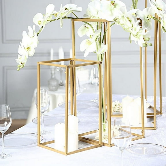 BalsaCircle 4 Gold Matte Metal Geometric Rectangular Stands Flower Vase Holders Party Wedding