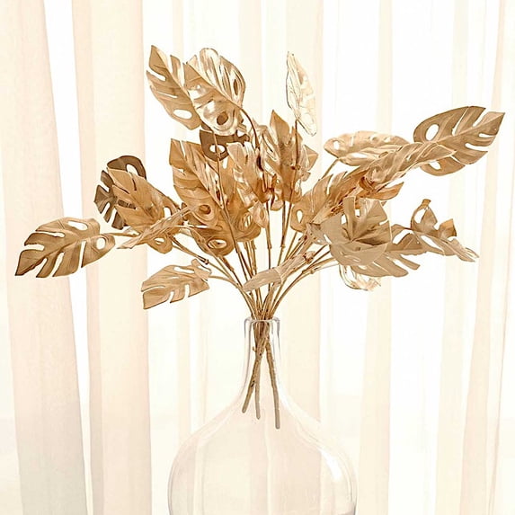 BalsaCircle 4 Metallic Gold Artificial Monstera Leaves Bushes Wedding Party Decorations