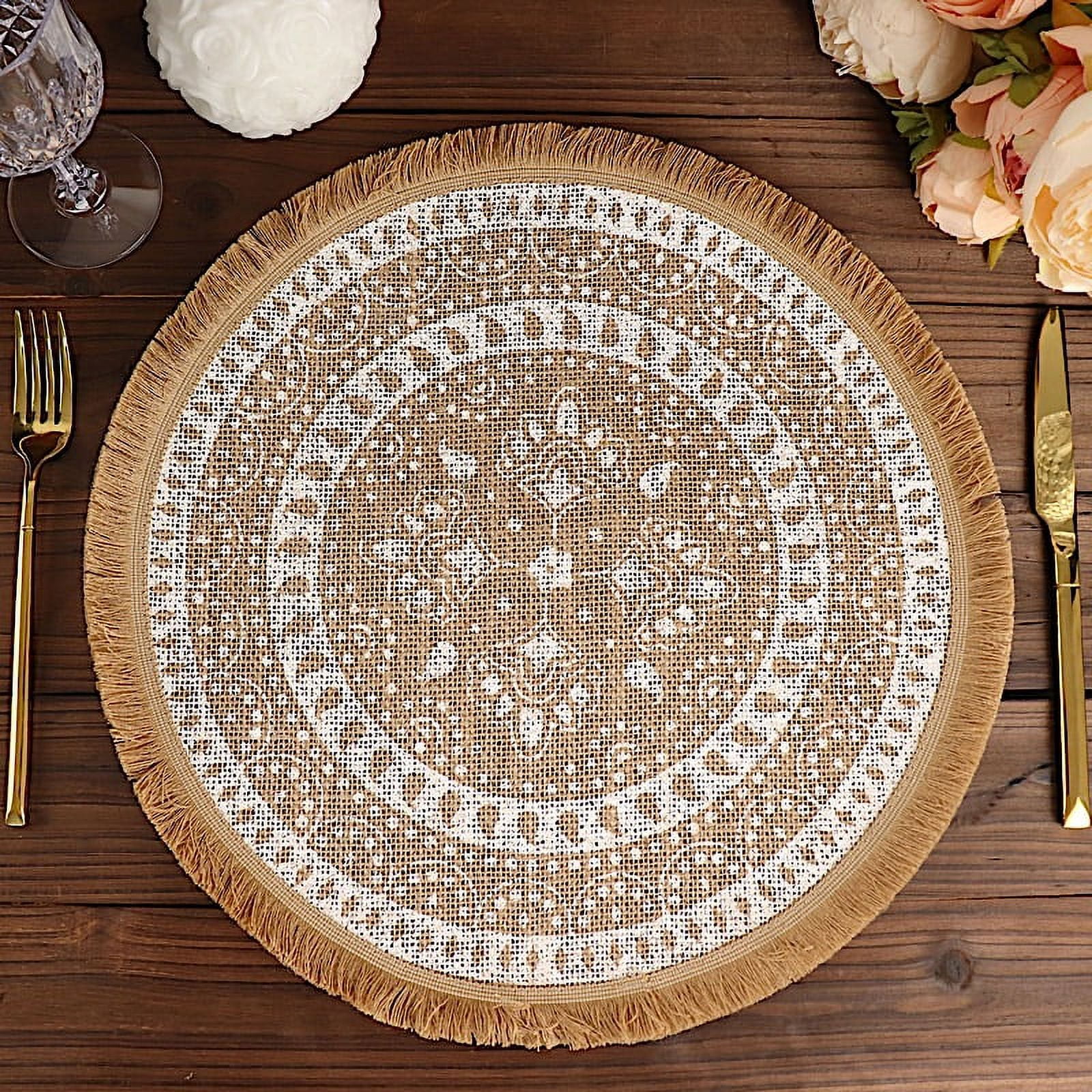 BalsaCircle 4 Natural 15" Round Woven Burlap Jute Placemats White Print ...