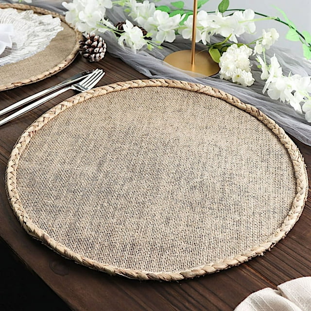 BalsaCircle 4 Natural 15 in Round Burlap Jute Placemats Braided Trim