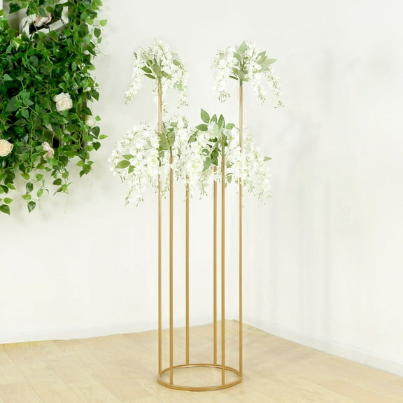 BalsaCircle 4 feet Gold Metal 6-Tubes Stand Single Stem Flower Vase Minimalist Modern Stem Flower Tube Holder Centerpiece Events Decorations