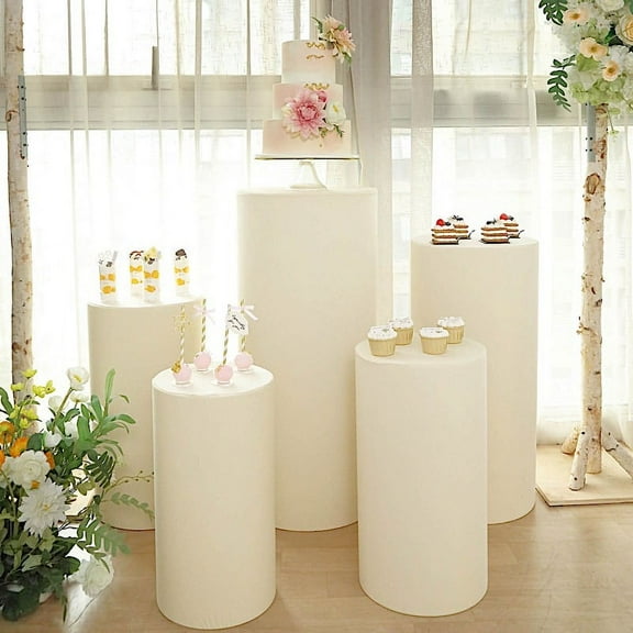 Balsa Circle 5 Beige Cylinder Pedestal Fitted Spandex Display Stand Covers Set Party Events Decorations Supplies