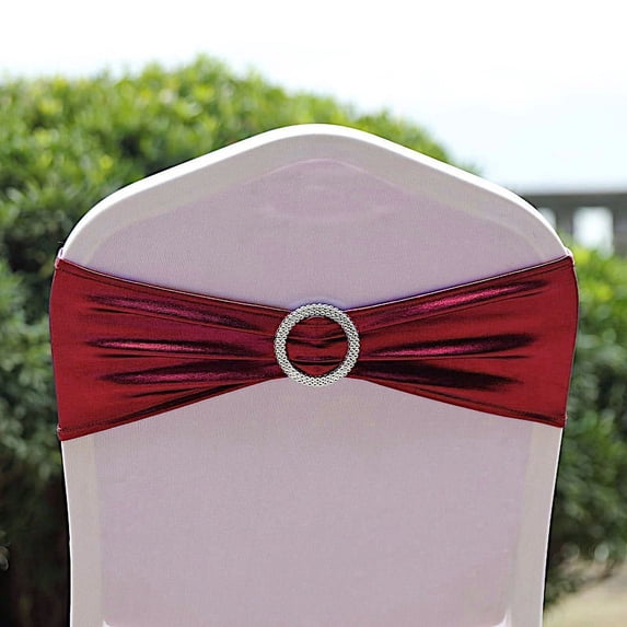 BalsaCircle 5 Burgundy Metallic Spandex Chair Sashes Silver Round Buckles Party Ceremony