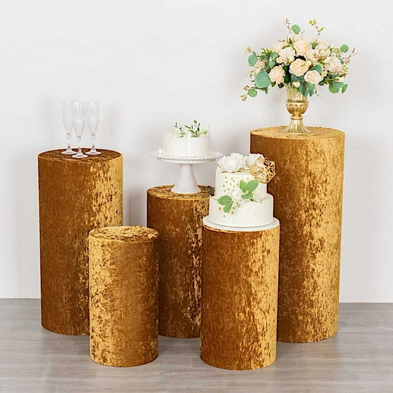 Balsa Circle 5 Gold Cylinder Pedestal Crushed Velvet Display Stand Covers Set Party Events Decorations Supplies