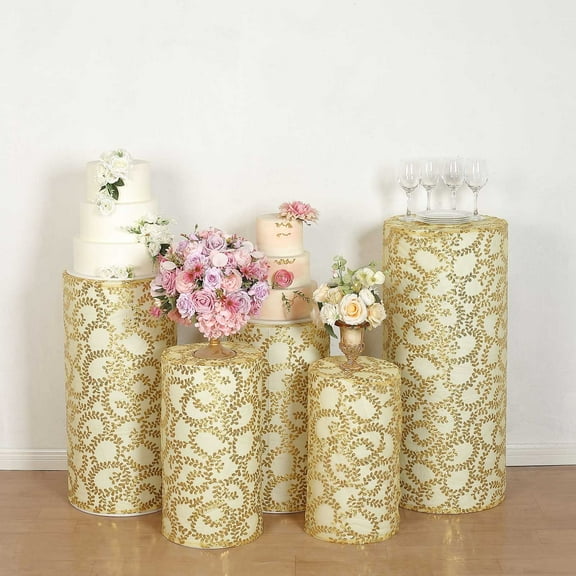 BalsaCircle 5 Gold Cylinder Pedestal Geometric Leaf Vine Sequins Display Stand Covers Set Party Events Decorations Supplies