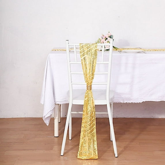 BalsaCircle 5 Gold Sequined Geometric Design Tulle Chair Sashes Party Events Decorations