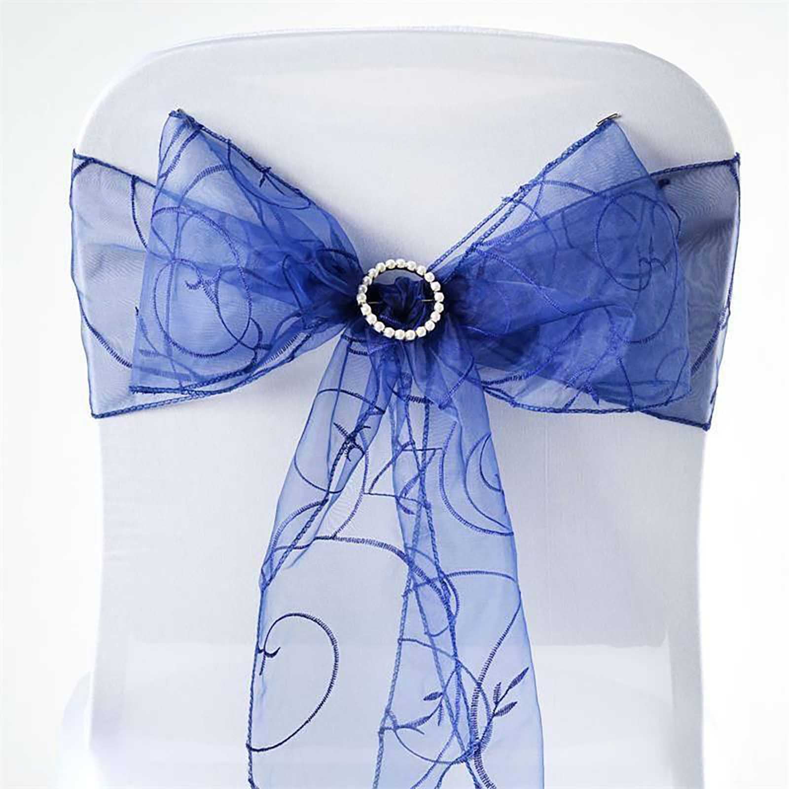 BalsaCircle 5 Navy Blue Fancy Embroidered Sheer Organza Chair Sashes ...