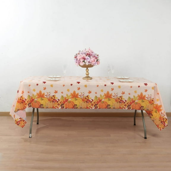 BalsaCircle 5 Orange 54x108 in Rectangular Disposable Plastic Tablecloths with Fall Autumn Leaves Pumpkin Print Party Event