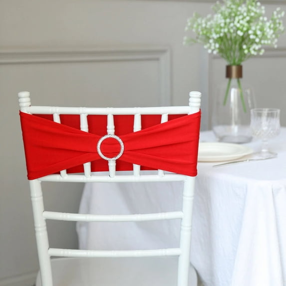BalsaCircle 5 Red Spandex 5x14" Stretchable Chair Sashes Diamond Ring Buckle Party Decorations