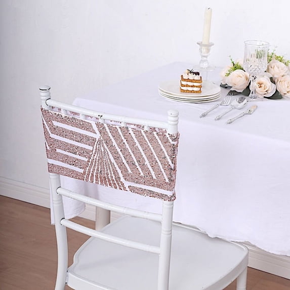BalsaCircle 5 Rose Gold Geometric Sequined Stretchable Spandex Chair Sashes Wedding Party Events Tableware Decorations