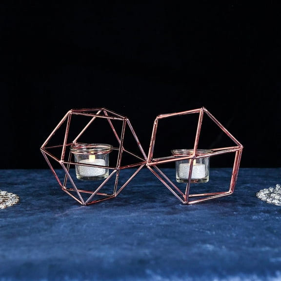 BalsaCircle 5" Rose Gold Jointed Geometric Stand Tealight Votive Glass Candle Holders Wedding