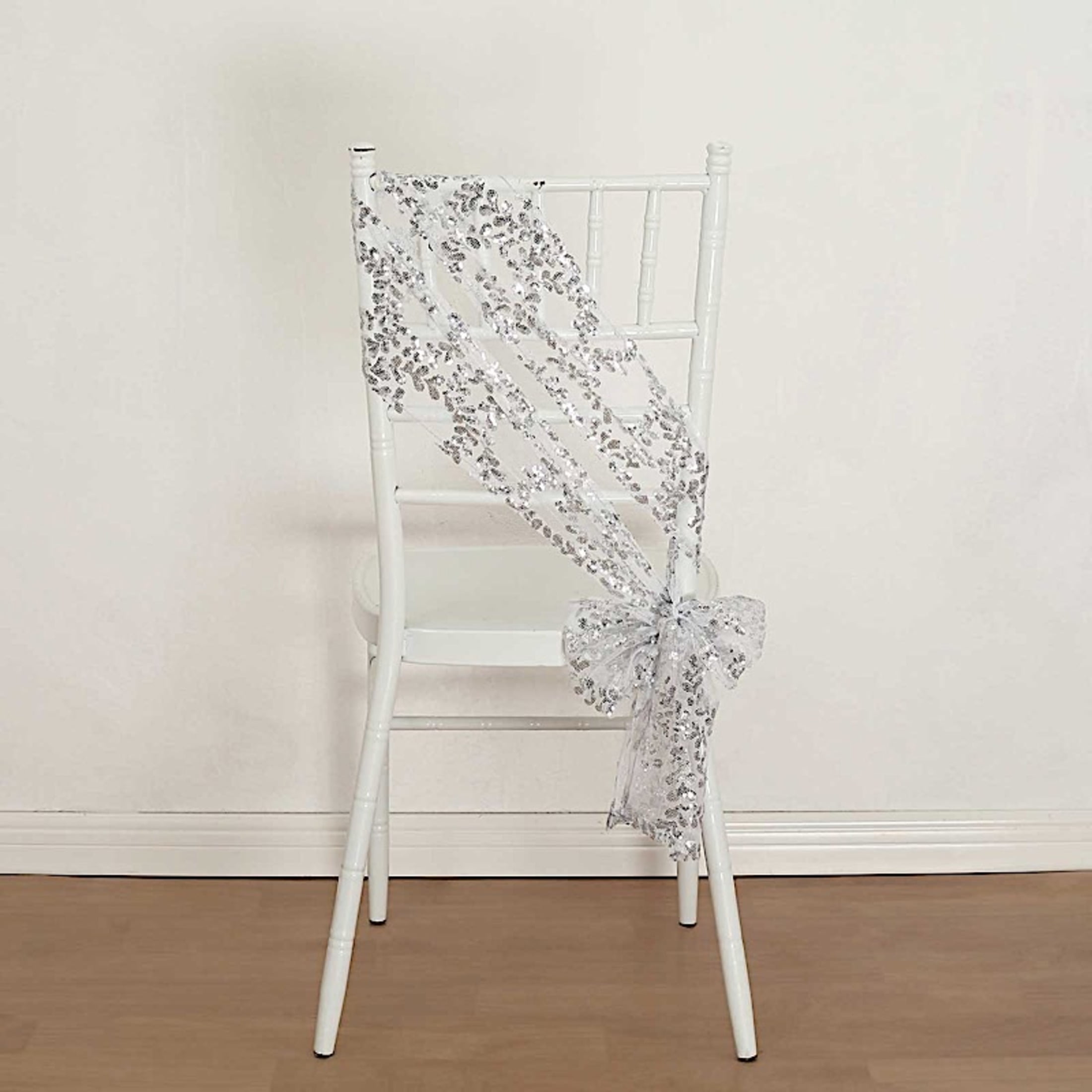 BalsaCircle 5 Silver Tulle Chair Sashes with Leaf Vine Embroidered Sequin Wedding Party Events ...