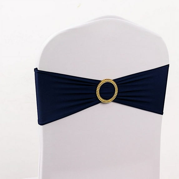 BalsaCircle 5 Spandex Navy Blue 5x14" Stretchable Chair Sashes with Gold Rhinestone Buckles Party Decorations