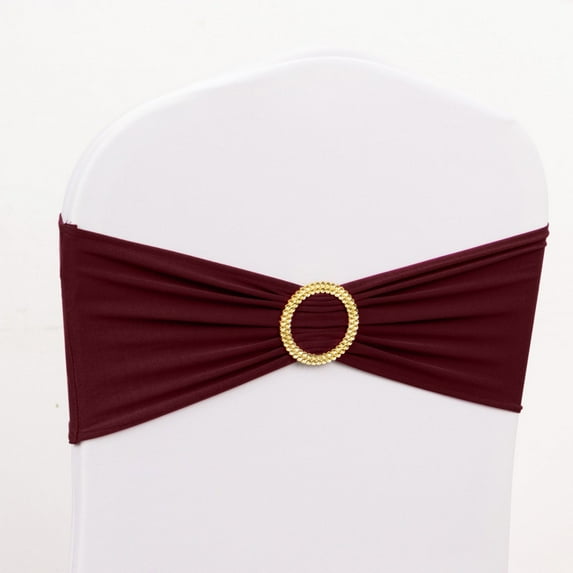 BalsaCircle 5 Spandex Burgundy 5x14" Stretchable Chair Sashes with Gold Rhinestone Buckles Party Decorations