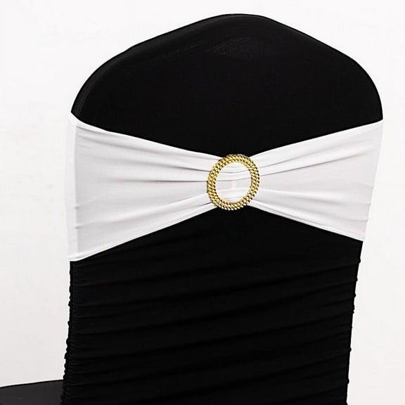 BalsaCircle 5 Spandex White 5x14" Stretchable Chair Sashes with Gold Rhinestone Buckles Party Decorations