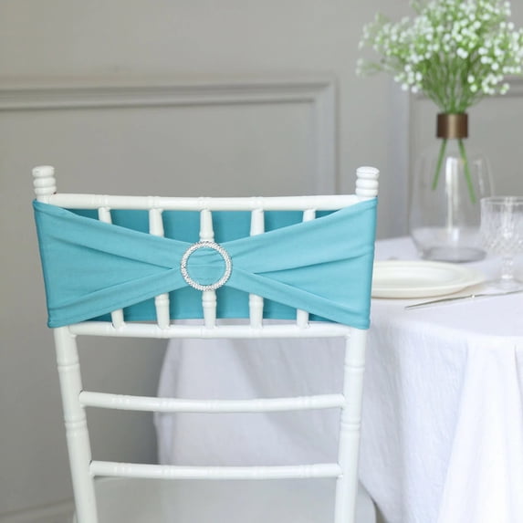 BalsaCircle 5 Turquoise Spandex 5x14" Stretchable Chair Sashes Diamond Ring Buckle Party Decorations