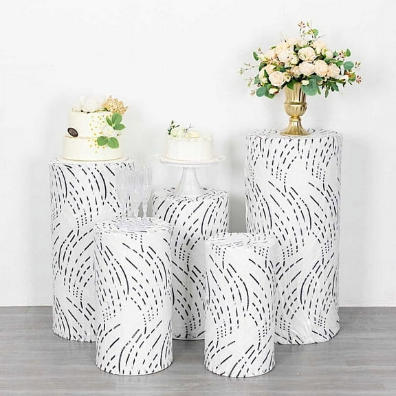 BalsaCircle 5 White Black Cylinder Pedestal Mesh Wavy Embroidered Sequins Display Stand Covers Set Party Events Decorations Supplies