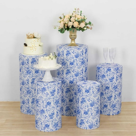 Balsa Circle 5 White Cylinder Pedestal Fitted Spandex Display Stand Covers Set with Blue Floral Print Party Events Decorations Supplies