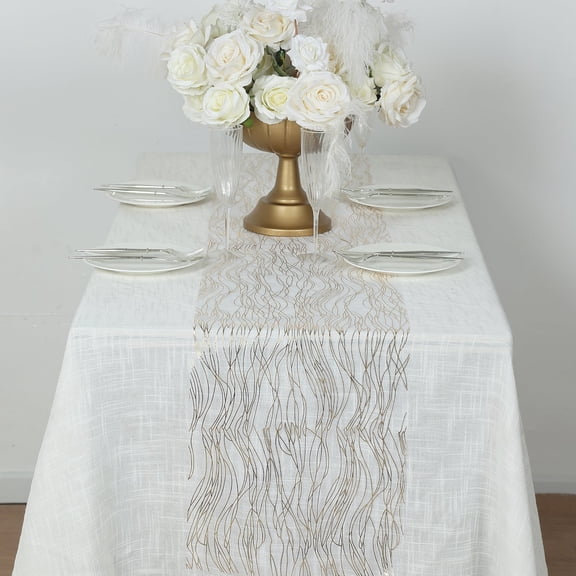 BalsaCircle 5 White Gold Organza 12x108 in Table Runners with Foil Wave Design Party Events