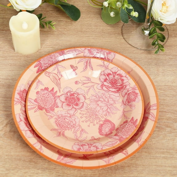 Balsa Circle 50 Paper Round Dusty Rose Spring Floral Print Dessert and Dinner Plates with Gold Rim Wedding Party Events